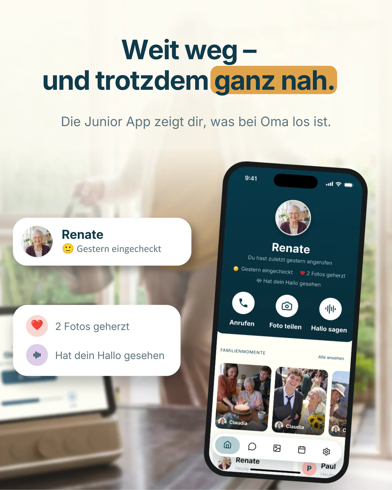 Weit weg und trotzdem ganz nah. Die Amara Familien-App auf dem Handy zeigt dir, was bei Oma los ist: gestern eingecheckt, zwei Fotos geherzt, dein Hallo gesehen.