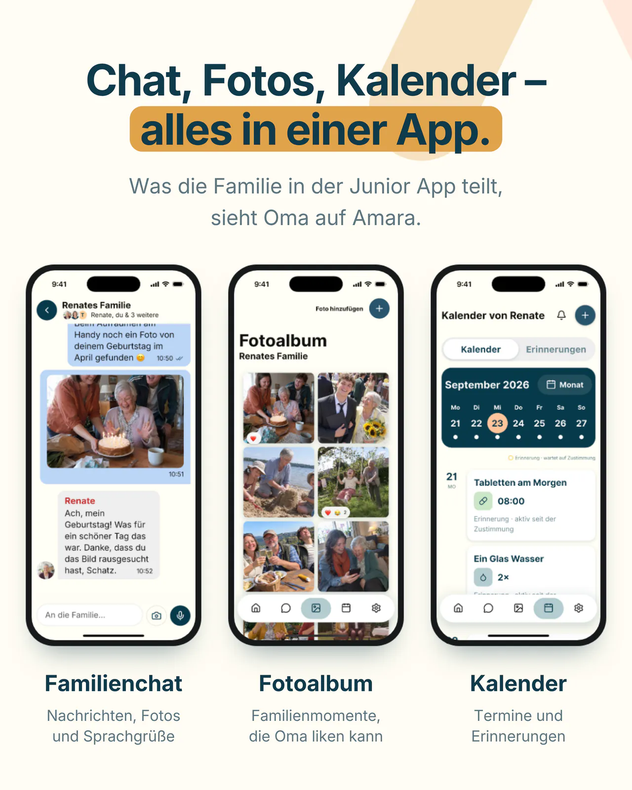 Chat, Fotos, Kalender: alles in einer App. Drei Handys mit Familienchat, Fotoalbum und Kalender der Amara Familien-App. Was die Familie dort teilt, sieht Oma auf Amara.