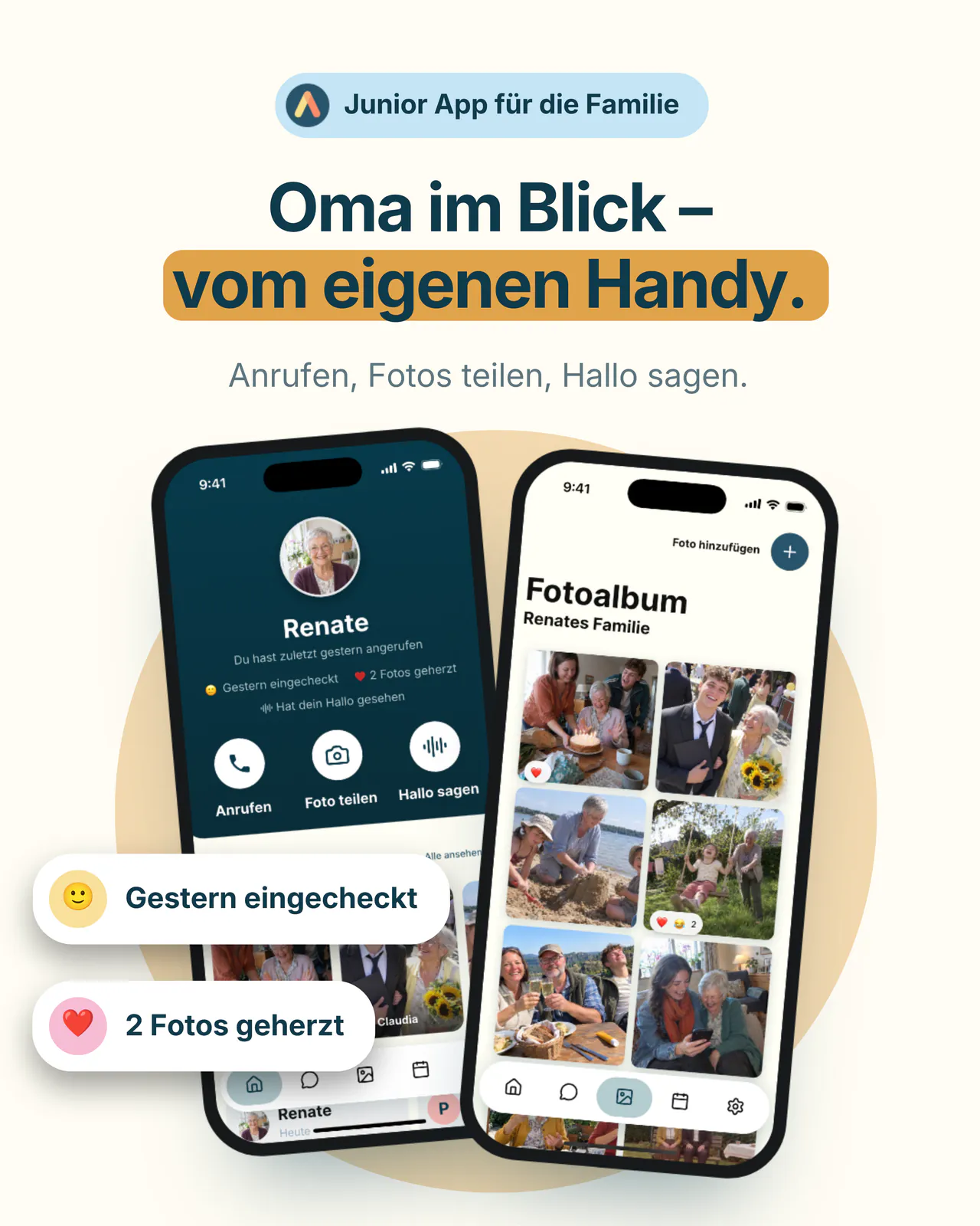 Oma im Blick, vom eigenen Handy. Zwei Handys mit der Amara Familien-App: Omas Profil mit Anrufen, Foto teilen und Hallo sagen, daneben das Fotoalbum der Familie.