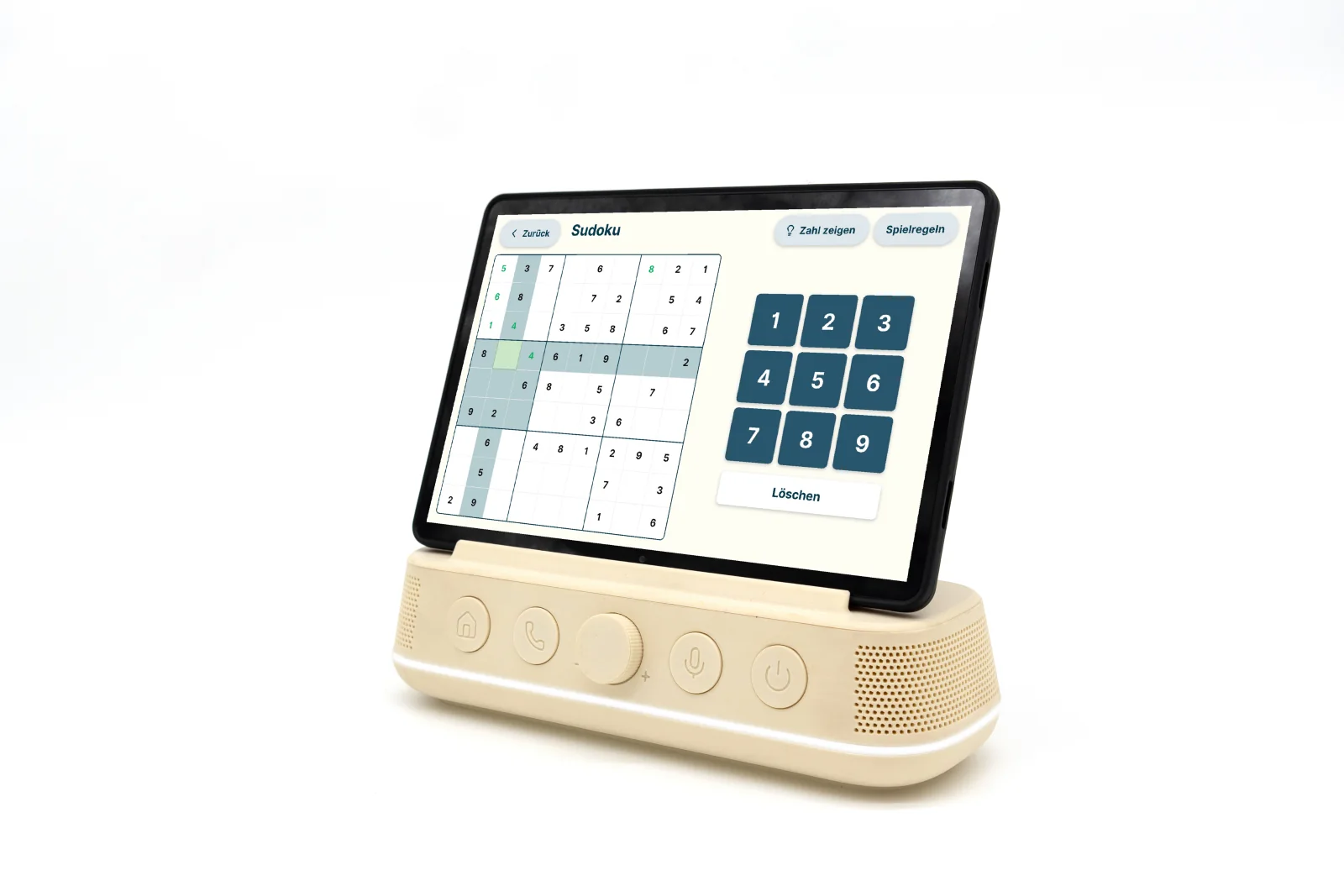 Amara Home on its Base, a sudoku with large number keys on the screen.