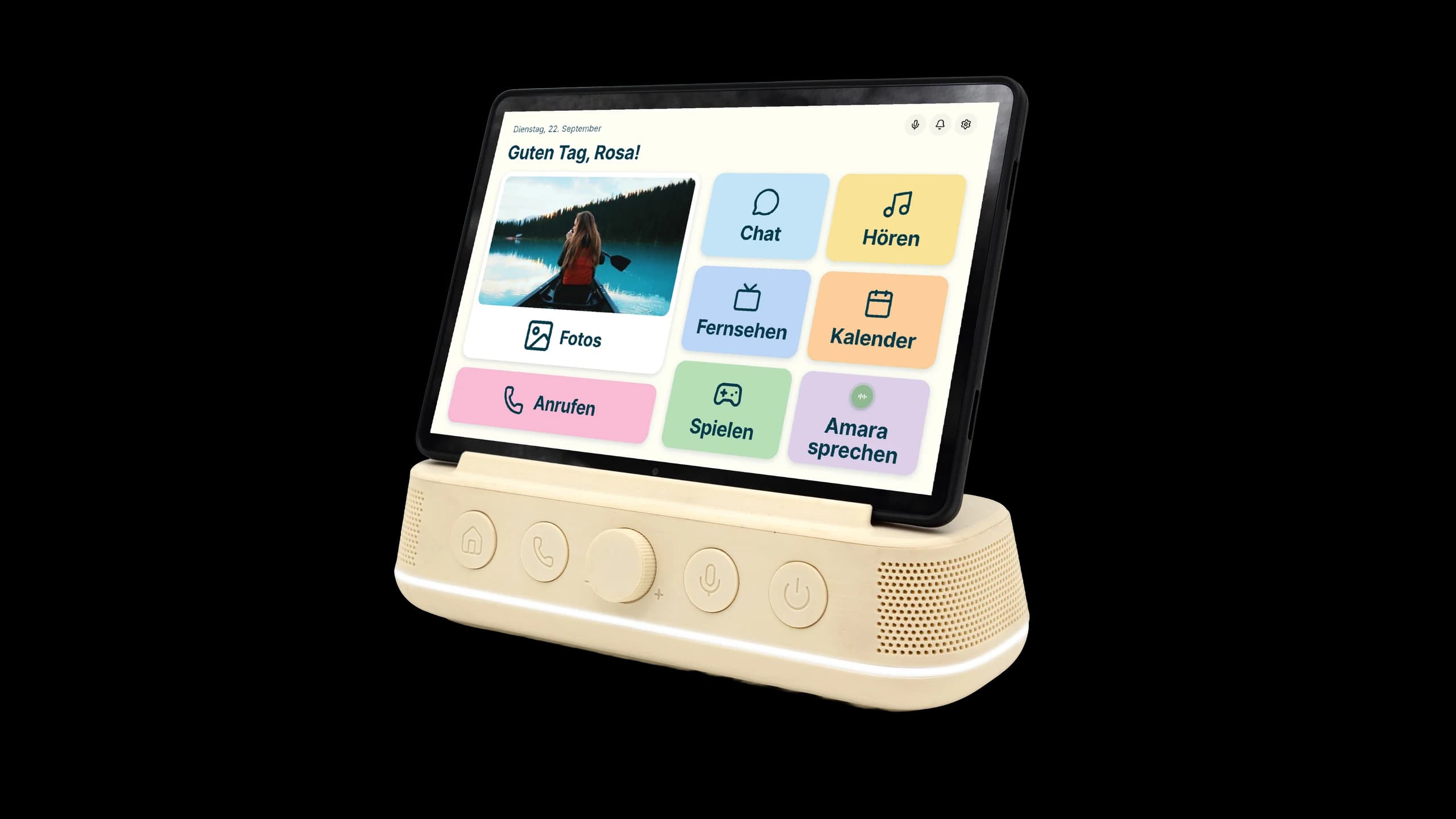 Amara Home: a tablet on the Base with large screen tiles and buttons.