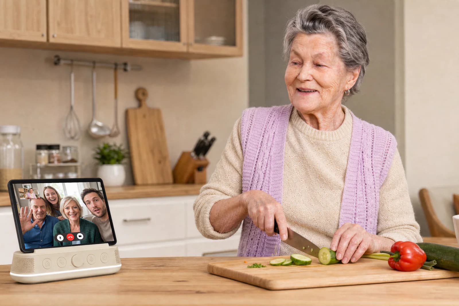 An older woman cooking while on a video call with her family on Amara.
