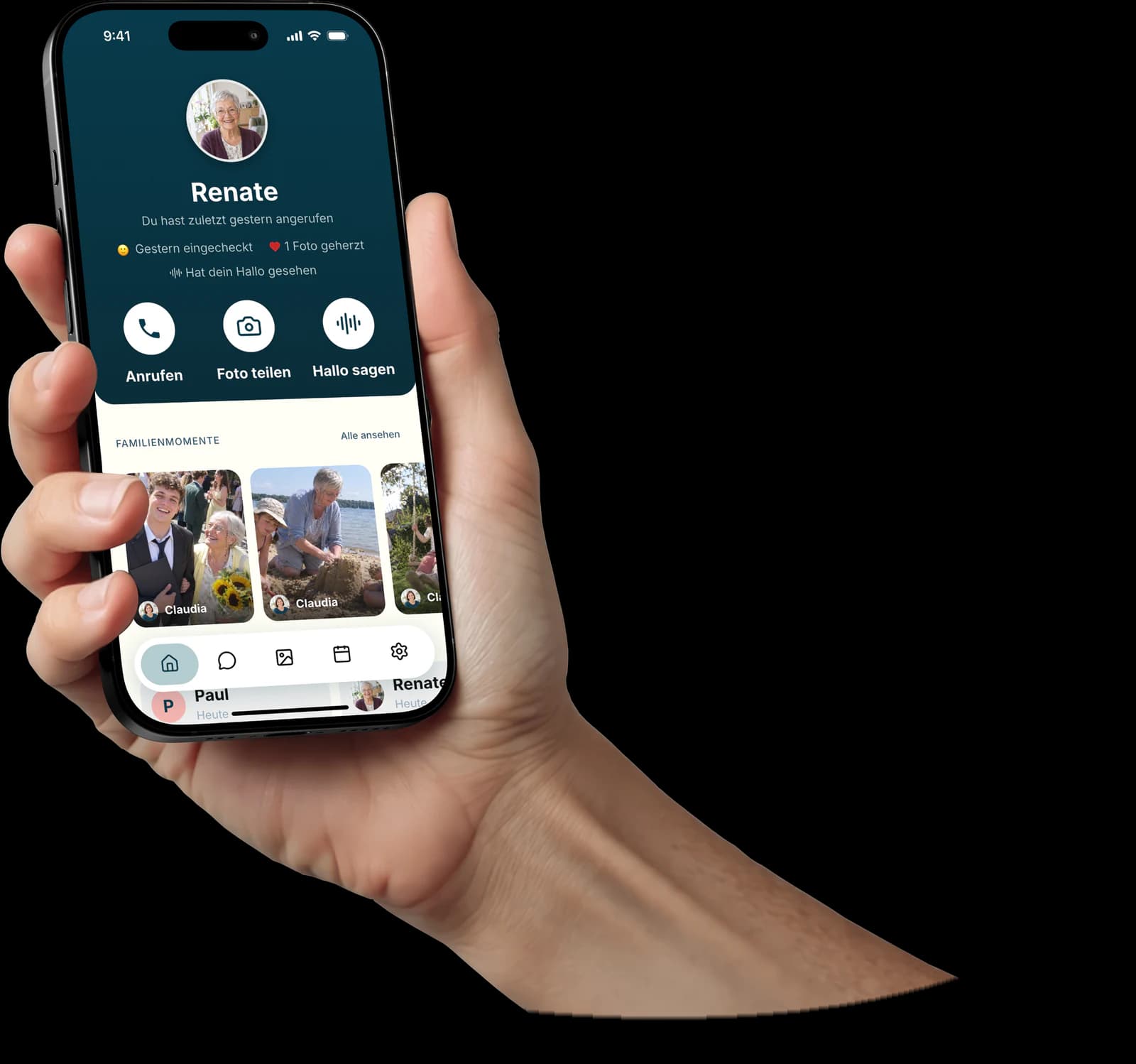 The Amara family app on a phone held in a hand