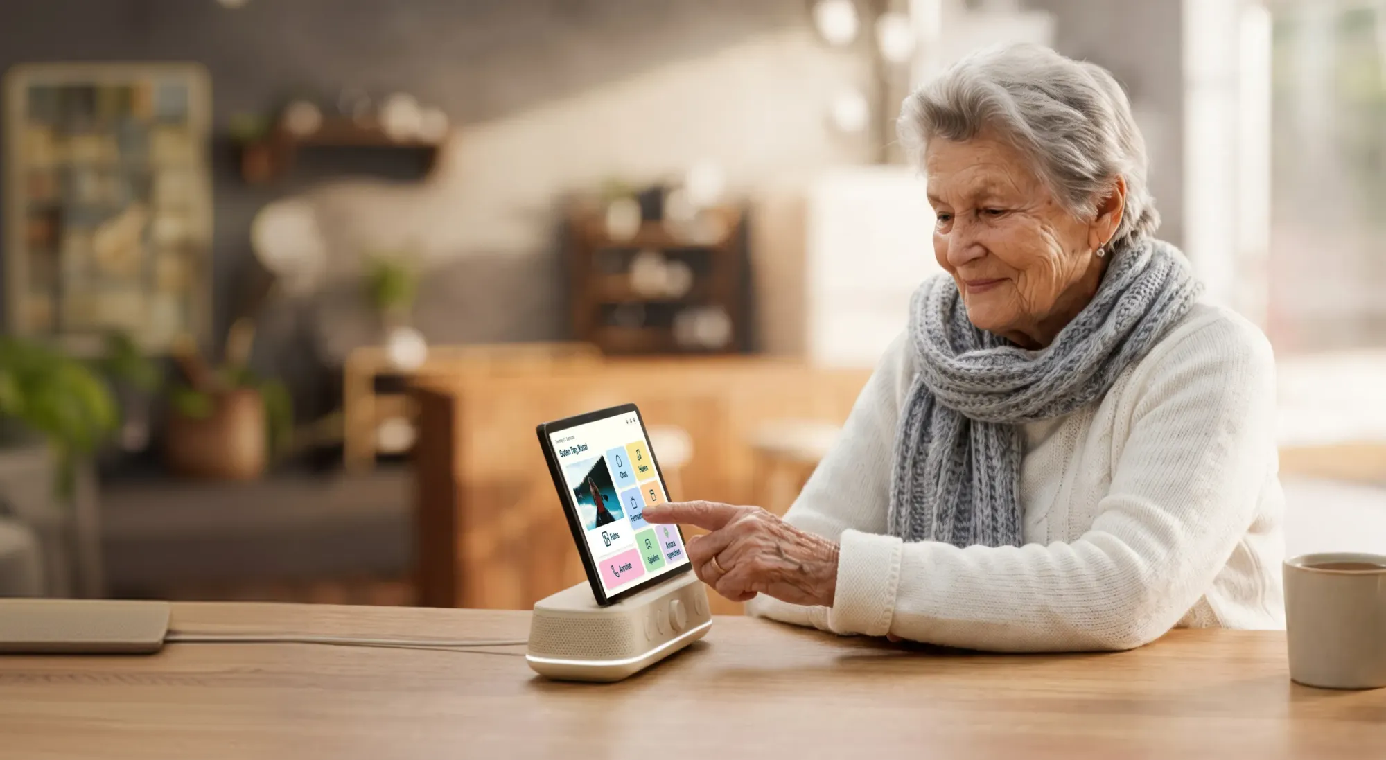 An older woman sits at the kitchen table and taps a tablet in its dock, with a cup of coffee beside her.