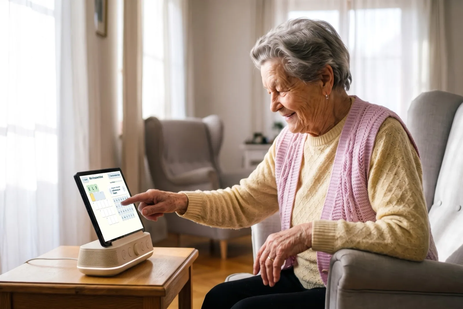 An older woman solving a crossword on Amara from her armchair.