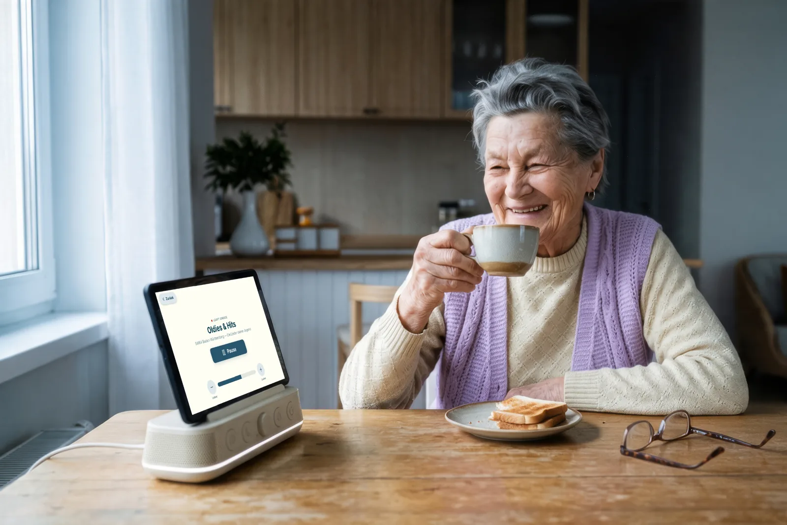 An older woman sits at her breakfast table while Amara plays her radio station beside her.