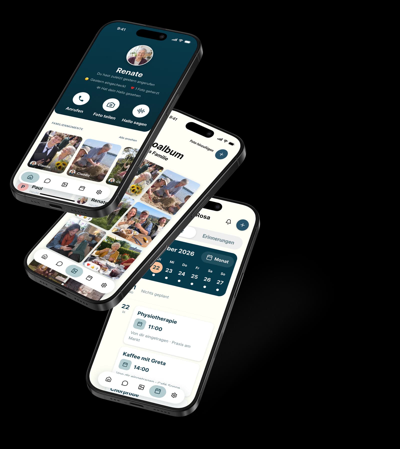 Three views of the Amara app for the family.