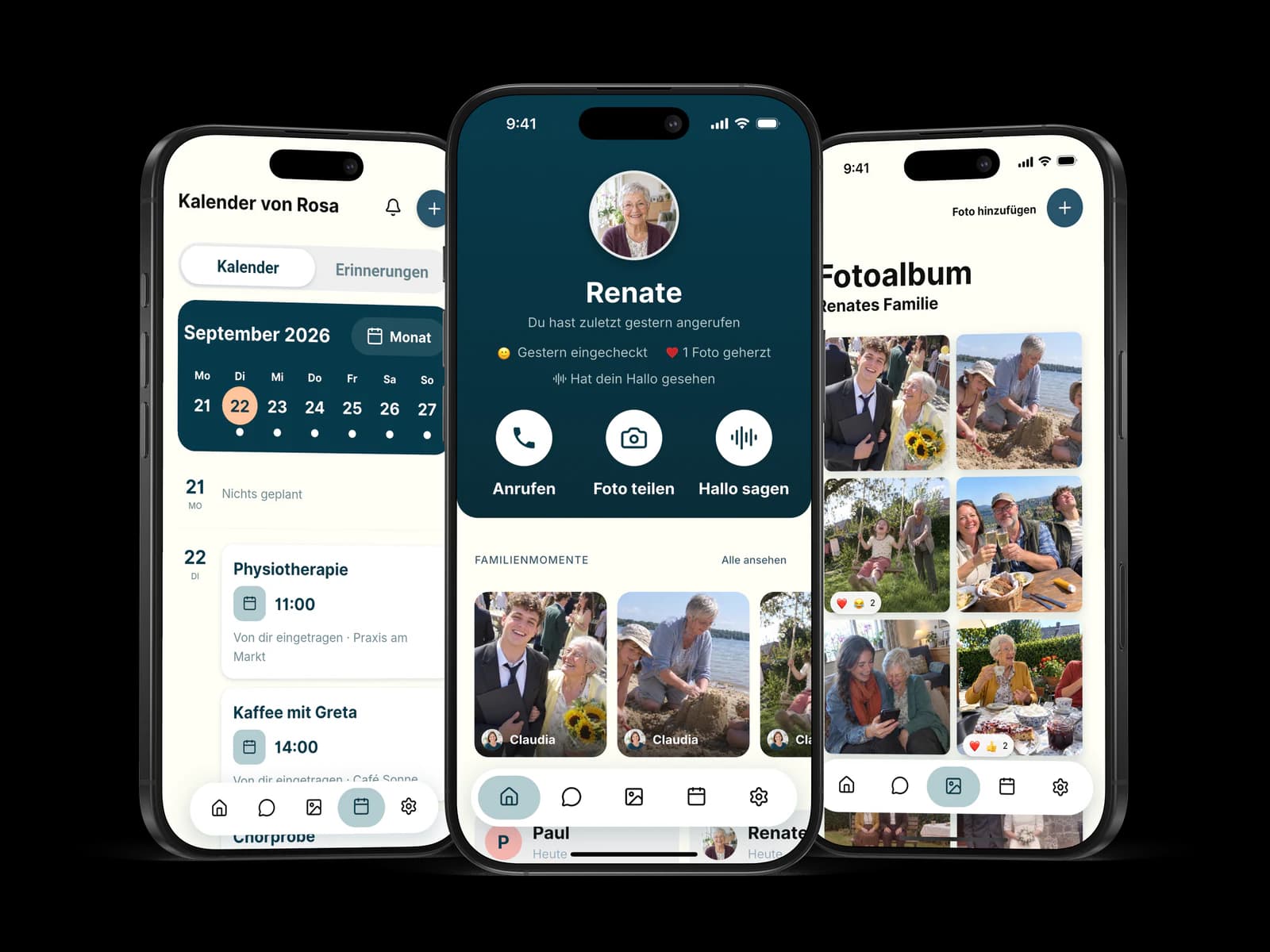 Three views of the Amara family app