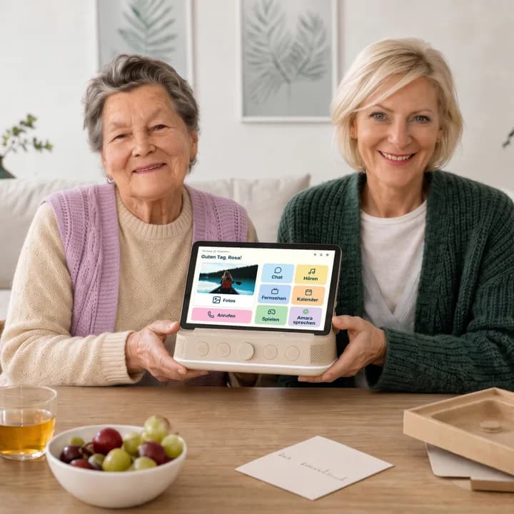 Two women at a table with Amara on its dock in front of them