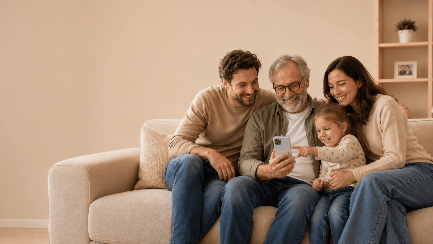 Ein erwachsener Sohn und sein älterer Vater schauen gemeinsam auf ein Smartphone.