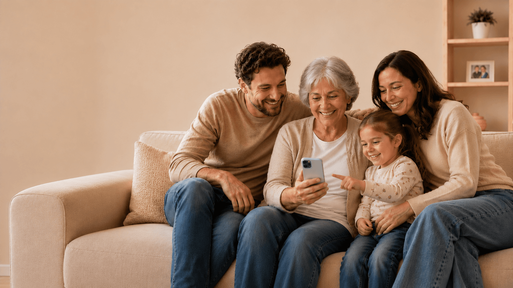 Ein älterer Elternteil und das erwachsene Kind schauen zusammen lächelnd auf ein Smartphone.