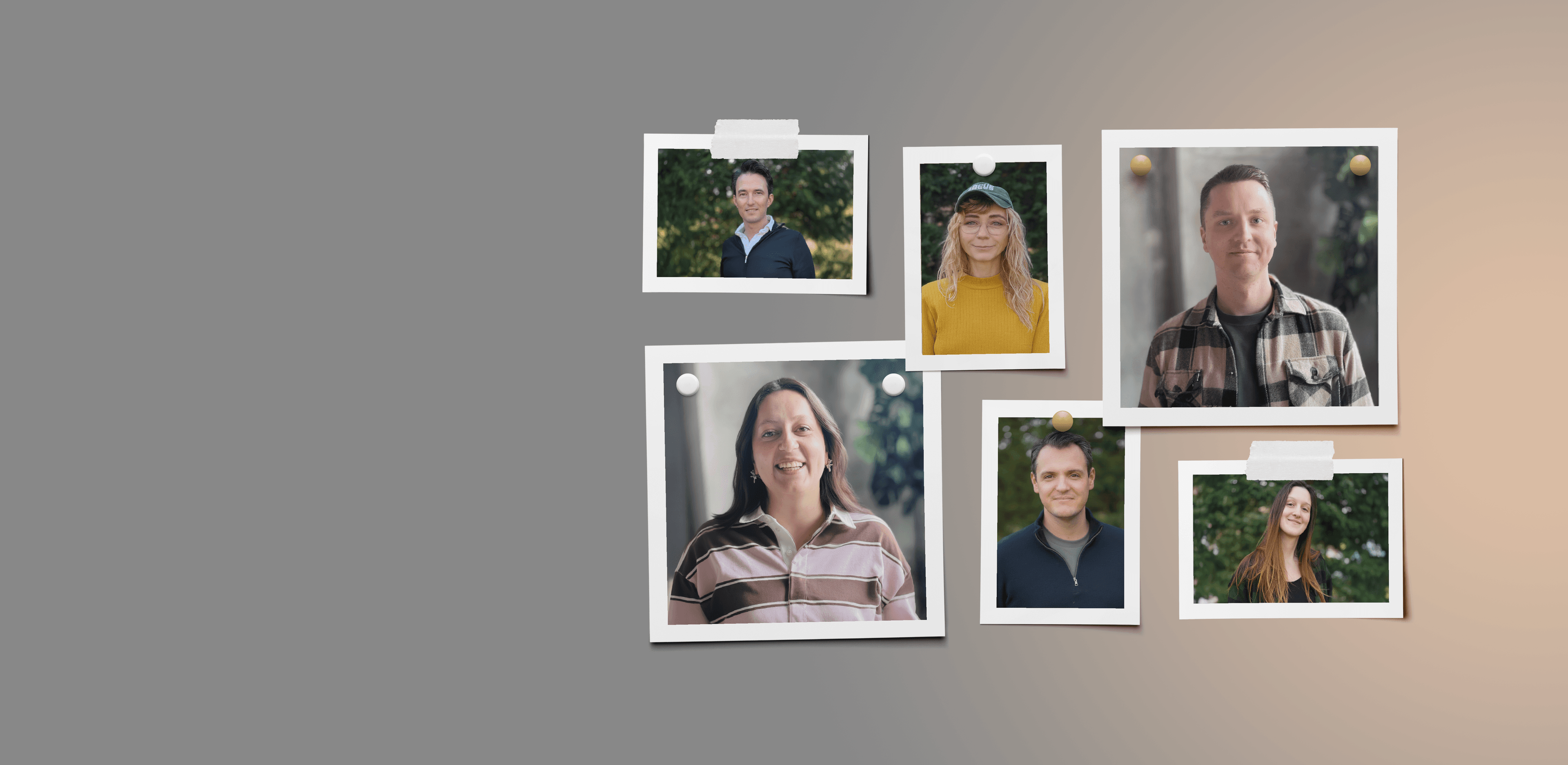 Polaroid-Porträts des Amara-Teams an einer Pinnwand