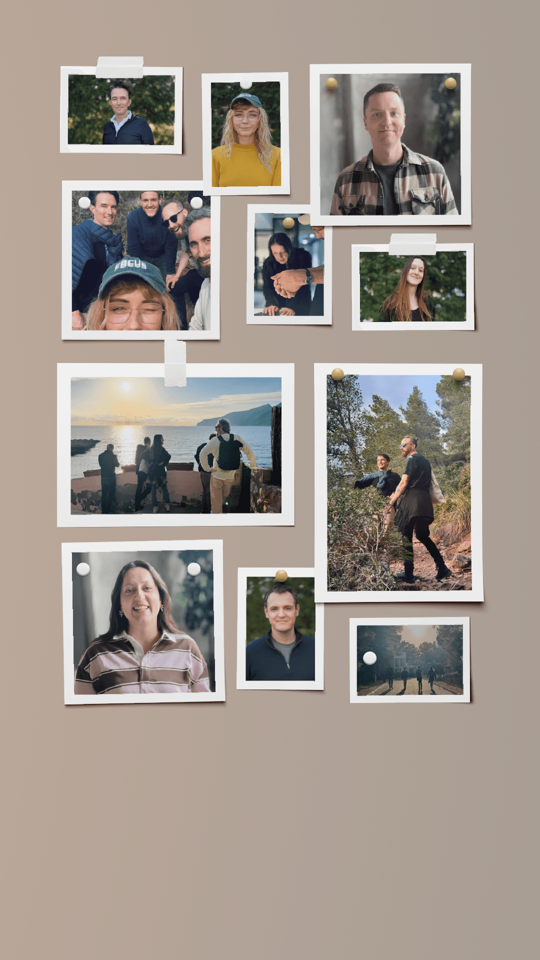 Polaroid-Porträts des Amara-Teams an einer Pinnwand
