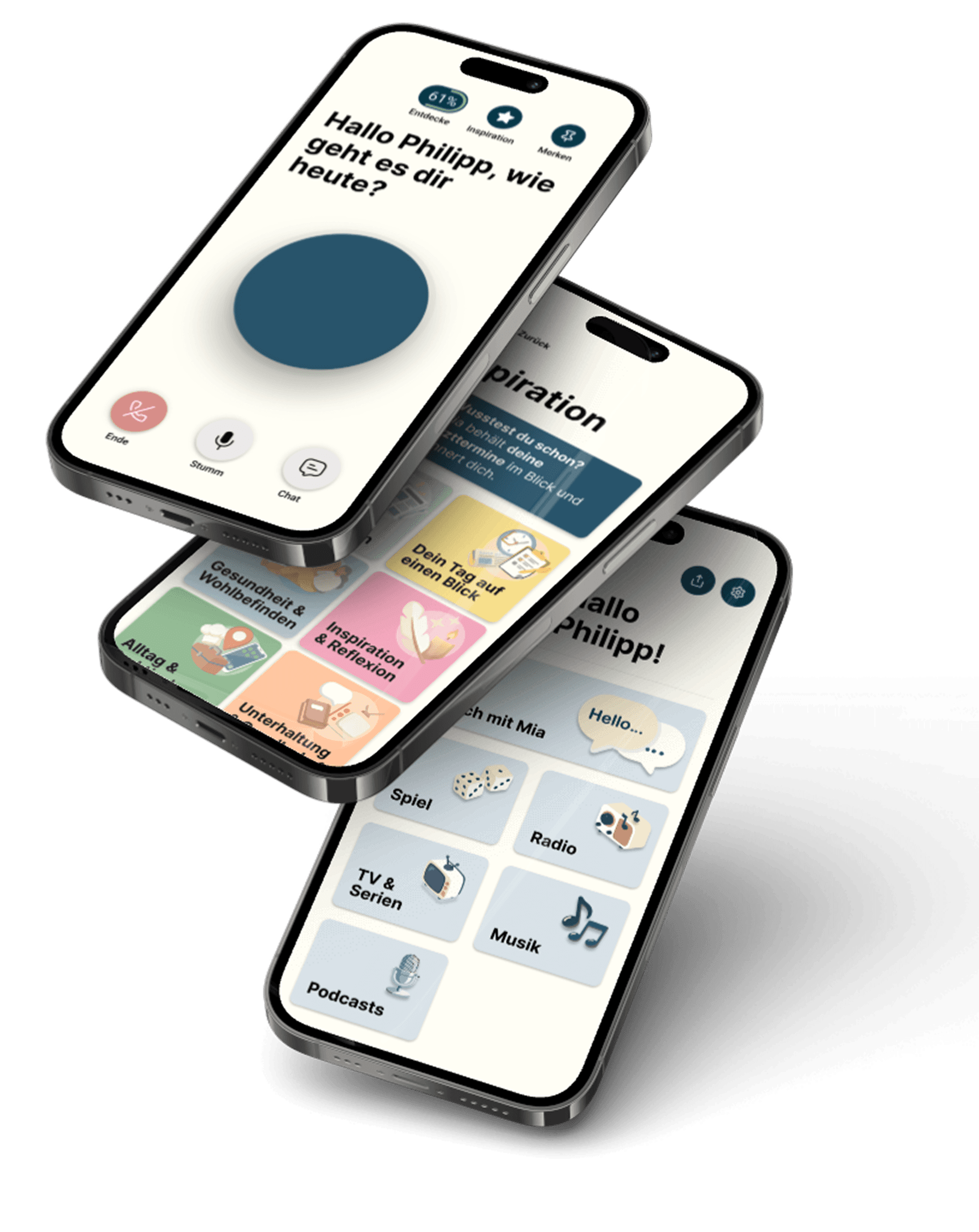 Drei Smartphones zeigen die Amara App: Sprachansicht, Menü und Chat