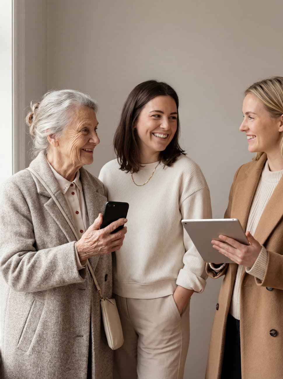 Drei Generationen einer Familie schauen gemeinsam auf ein Smartphone