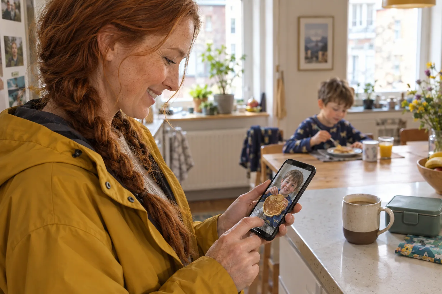 Ein schwarzes Smartphone zeigt einen Jungen mit Pfannkuchen; eine Frau in gelber Jacke tippt darauf, dahinter sitzt ein Kind am Tisch.