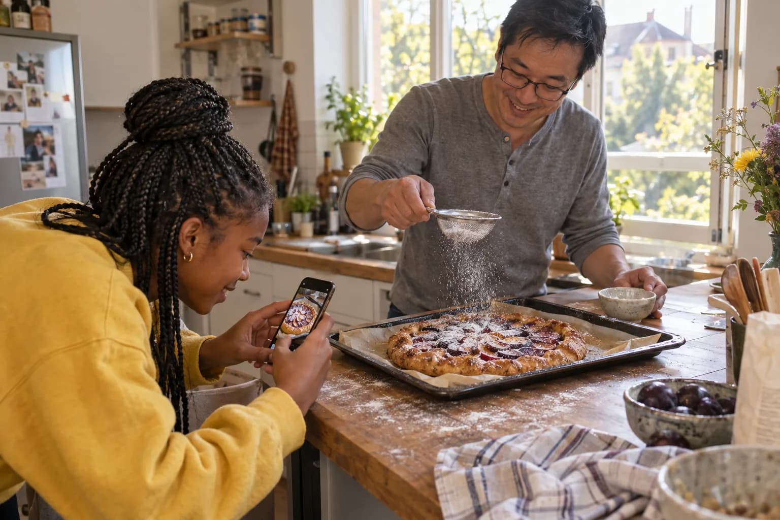 Ein Smartphone zeigt den Pflaumenkuchen, den eine Frau fotografiert, während ein Mann in der Küche Puderzucker darüber siebt.