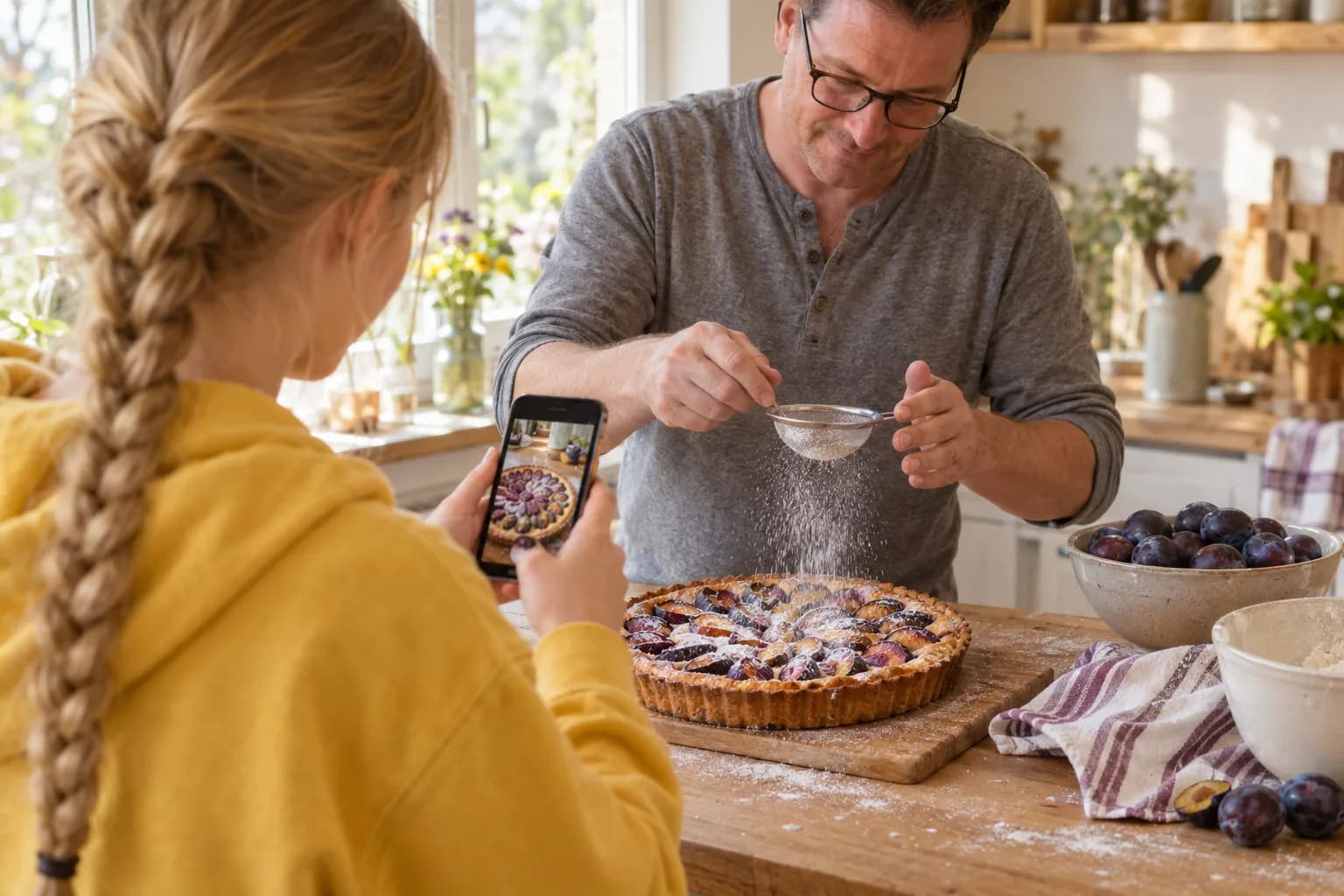 Mit einem Smartphone fotografiert ein Mädchen einen Pflaumenkuchen, während ein Mann Puderzucker darüber siebt.