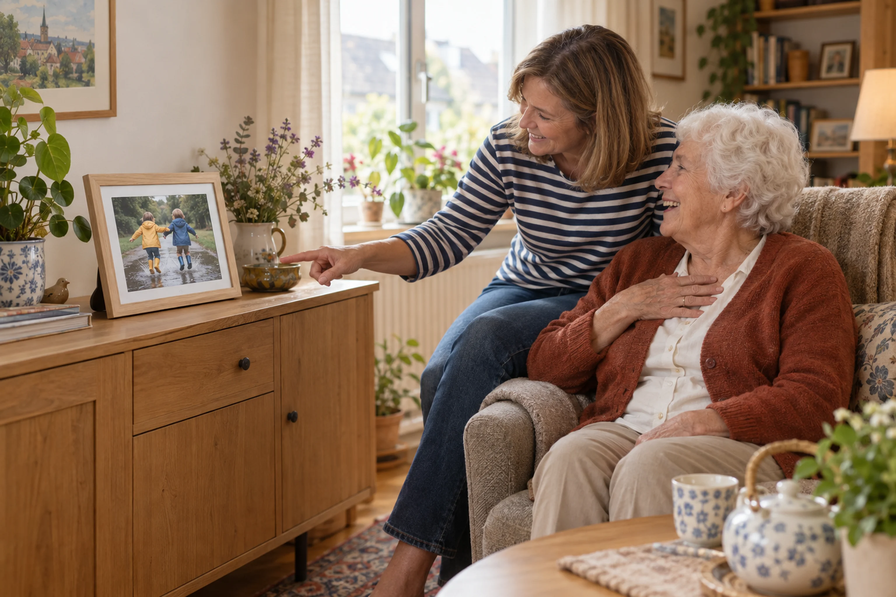 Ein digitaler Bilderrahmen in Holzoptik zeigt zwei Kinder in Gummistiefeln; daneben sitzen zwei lächelnde Frauen.