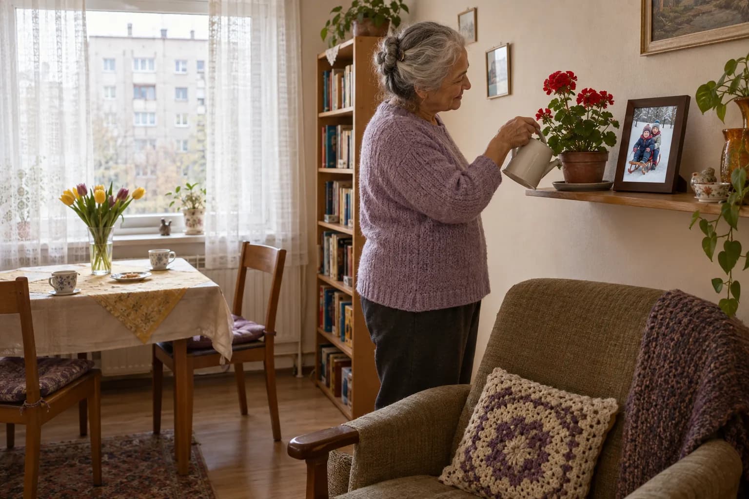 Ein dunkler digitaler Bilderrahmen steht über dem Sessel auf einem Regal; daneben gießt eine grauhaarige Frau rote Blumen.