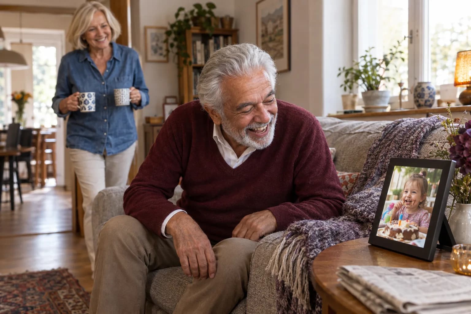 Ein schwarzer digitaler Bilderrahmen zeigt ein Kind mit Kuchen; ein Mann auf dem Sofa lacht, dahinter trägt eine Frau zwei Tassen.