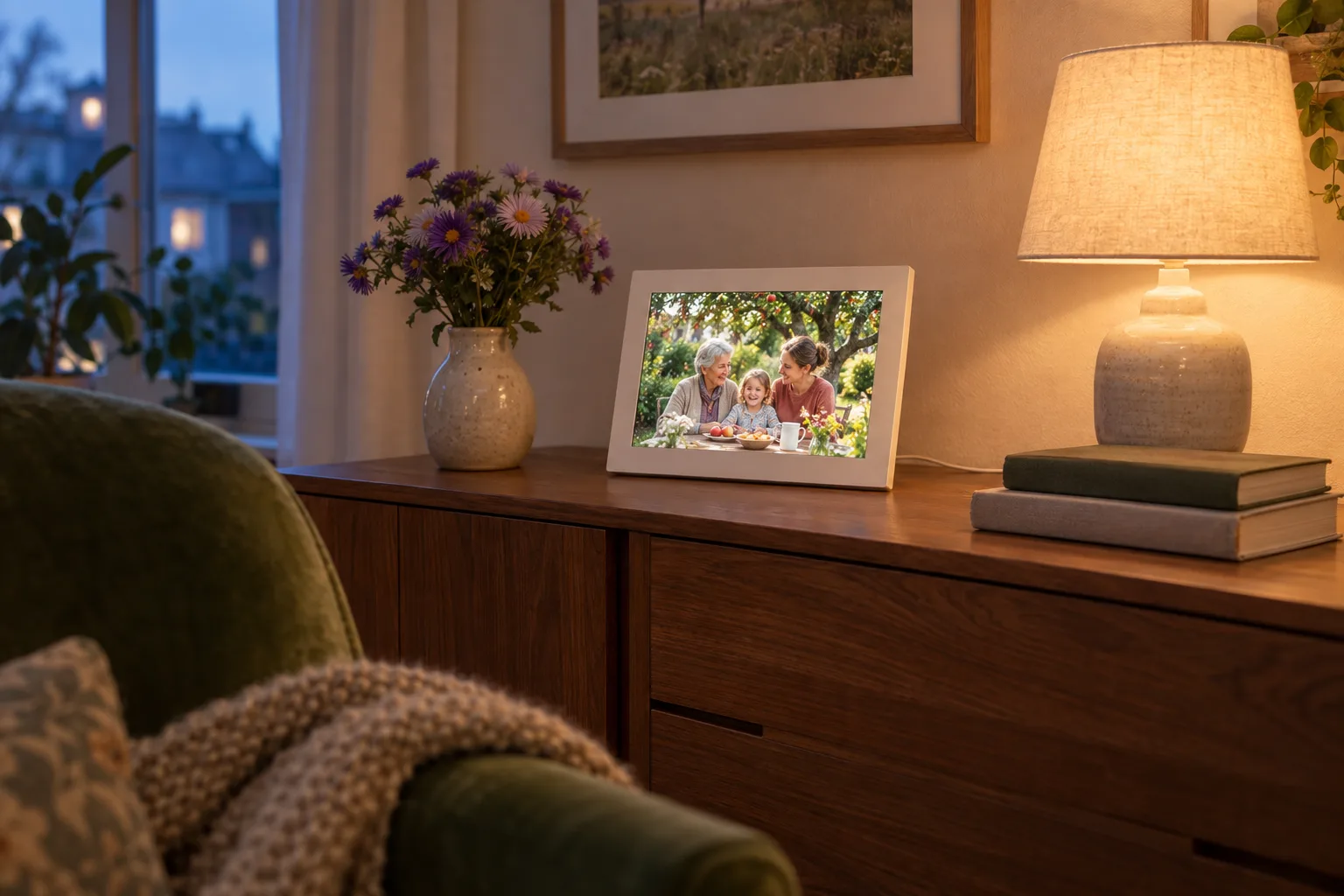 Ein weißer digitaler Bilderrahmen zeigt zwei Frauen und ein Kind im Garten und steht auf einer Holzkommode neben Blumen und Lampe.
