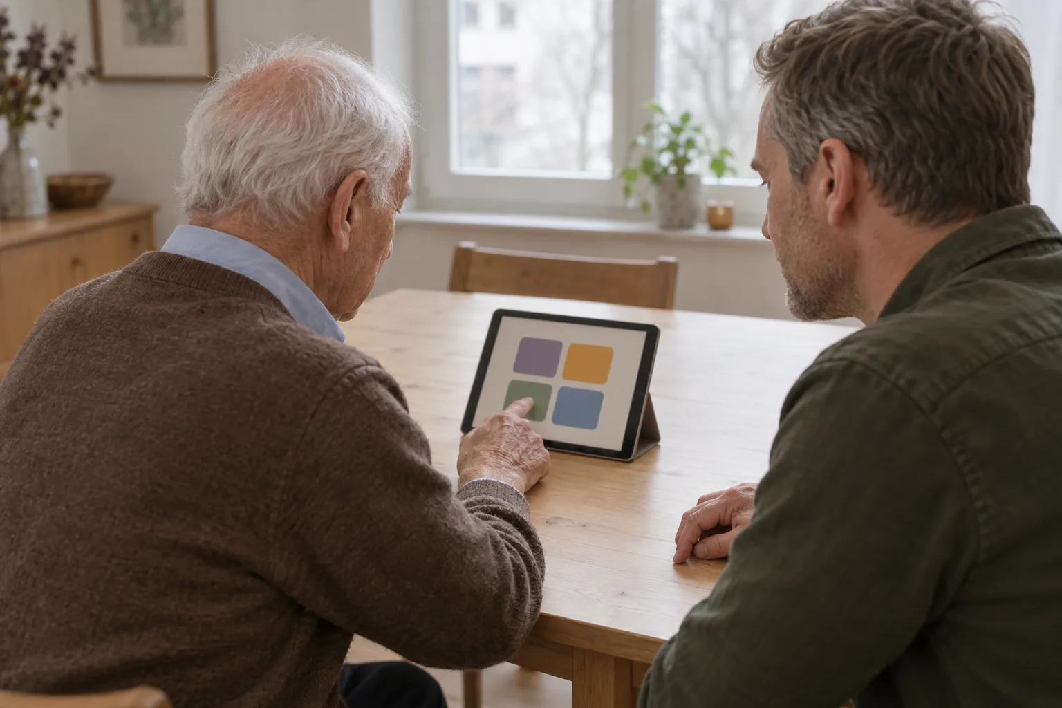 Ein Mann um die 80 tippt am Esstisch selbst auf ein Tablet im Ständer, sein erwachsener Sohn sitzt daneben und schaut nur zu.