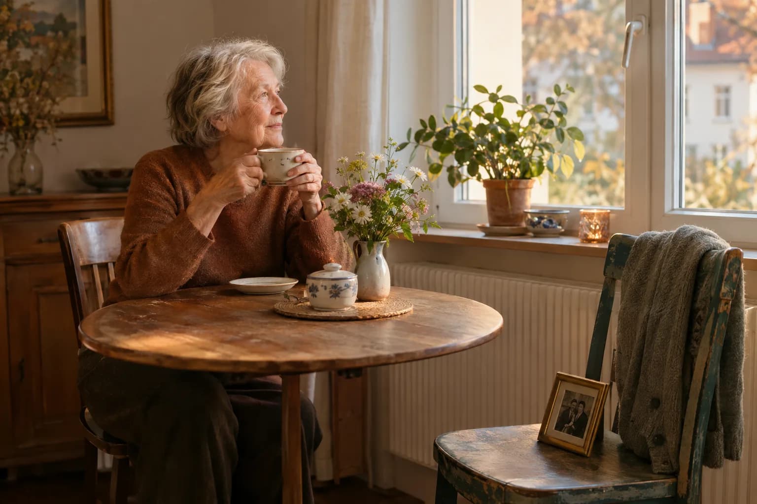 Eine Tasse hält eine grauhaarige Frau am Tisch und blickt aus dem Fenster; auf dem freien Stuhl liegen Strickjacke und Rahmenfoto.