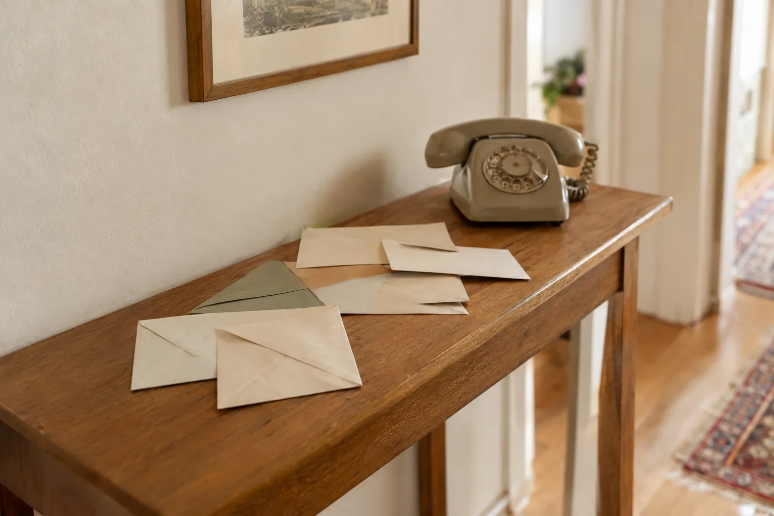 Geschlossene Briefumschläge liegen neben einem beigen Wählscheibentelefon auf einem schmalen Holztisch im menschenleeren Flur.