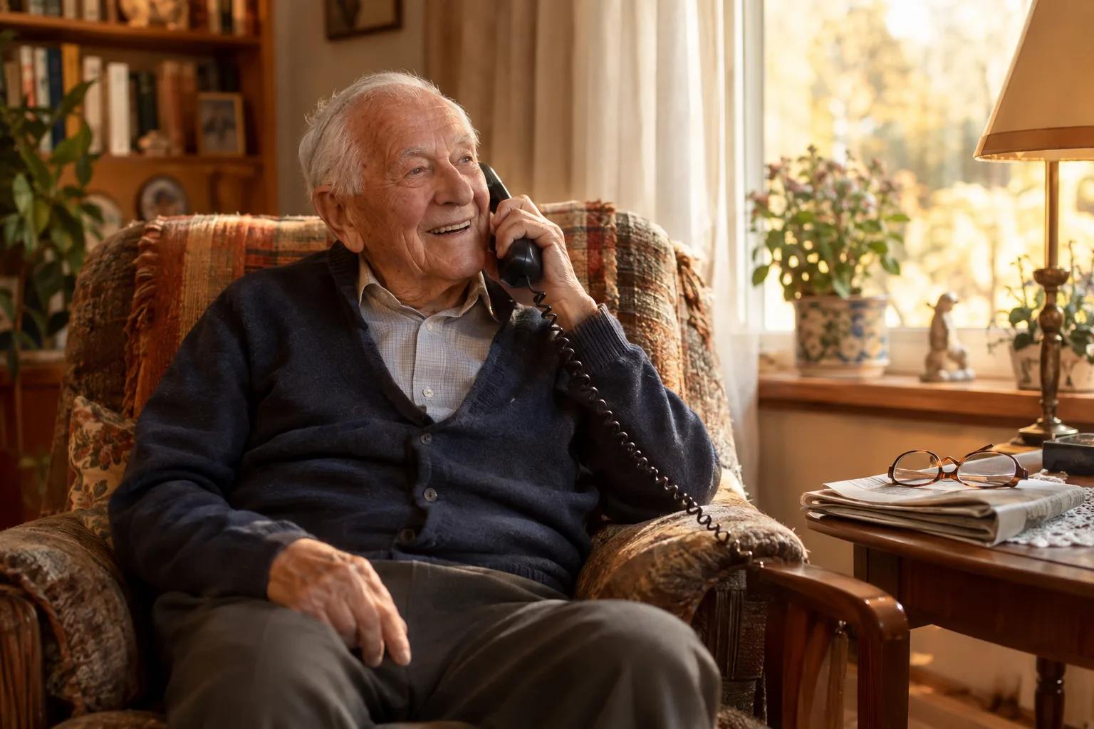 Einen schwarzen Telefonhörer hält ein weißhaariger Mann lächelnd ans Ohr, während er im gemusterten Sessel am Fenster sitzt.