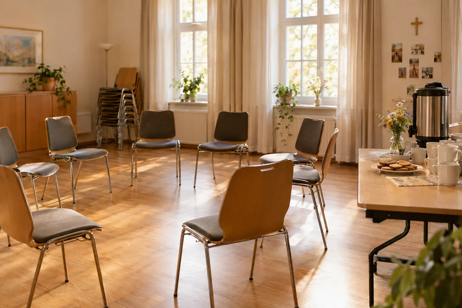 Ein heller Gemeinschaftsraum mit leeren Stühlen im Kreis und einem Holztisch mit Kaffeebehälter, weißen Tassen und Keksen.
