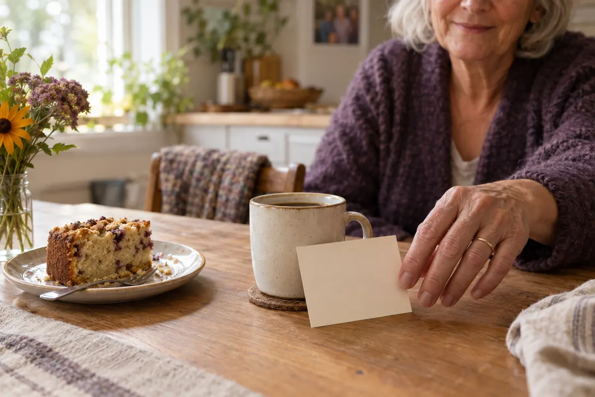 Eine blanko Gutscheinkarte steht neben Kaffeetasse und Kuchenstück auf dem Tisch, nach der eine Oma mit grauem lockigem Haar greift.