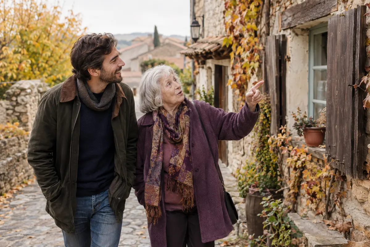 Auf einem Ausflug in ein altes Steindorf zeigt eine Oma mit grauem Haar lächelnd auf ein Fenster, während ihr Enkel neben ihr geht.