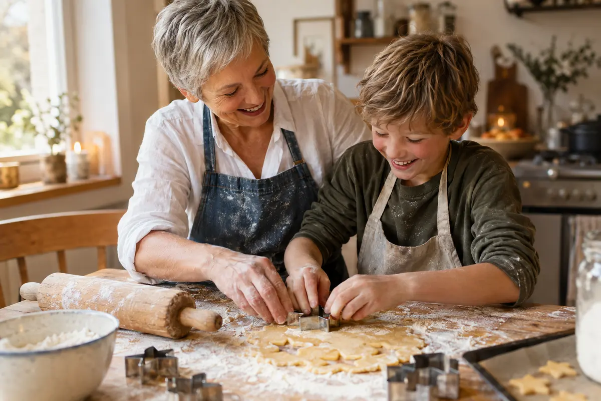 Beim gemeinsamen Backen drückt eine Oma mit kurzem grauem Haar zusammen mit ihrem Enkel Plätzchenformen in ausgerollten Teig.