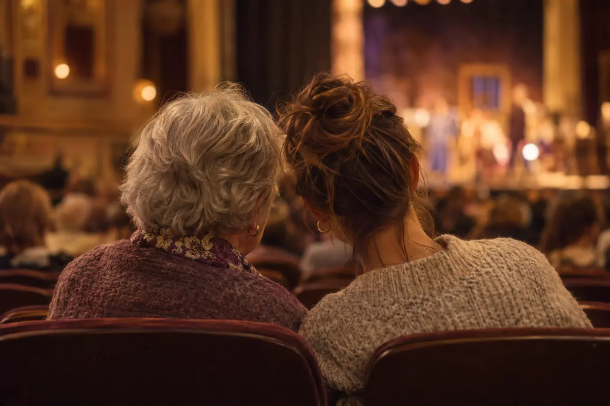 Im Theater sitzen eine Oma mit grauem Haar und eine junge Frau mit hochgestecktem Haar nebeneinander und blicken auf die Bühne.