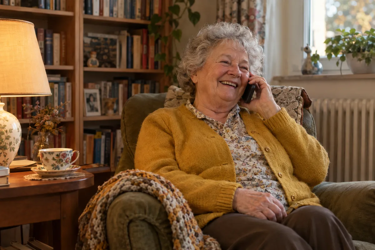 Mit einem schwarzen Telefon am Ohr sitzt eine lächelnde Frau mit grauen Locken und gelber Strickjacke im Sessel.