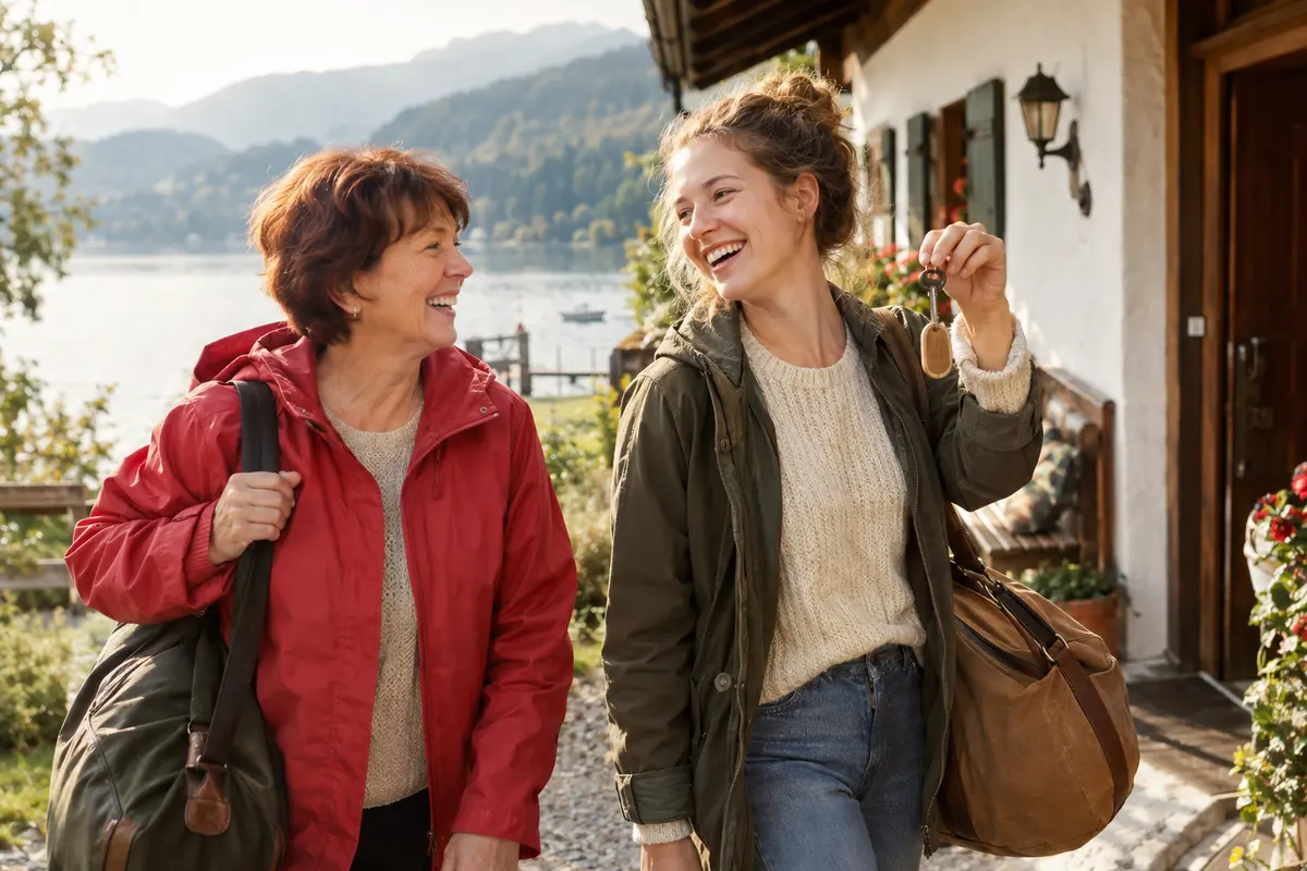 Mit Wochenendtaschen kommen eine Oma im roten Anorak und ihre Enkelin an einer Pension am See an, die Enkelin hält den Zimmerschlüssel.