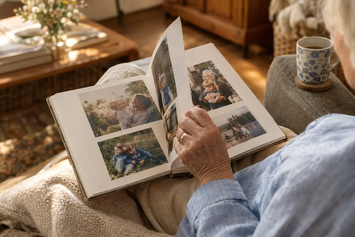 Ein Fotobuch mit Familienbildern liegt aufgeschlagen auf dem Schoß einer Oma, die mit faltiger Hand die Seite umblättert.