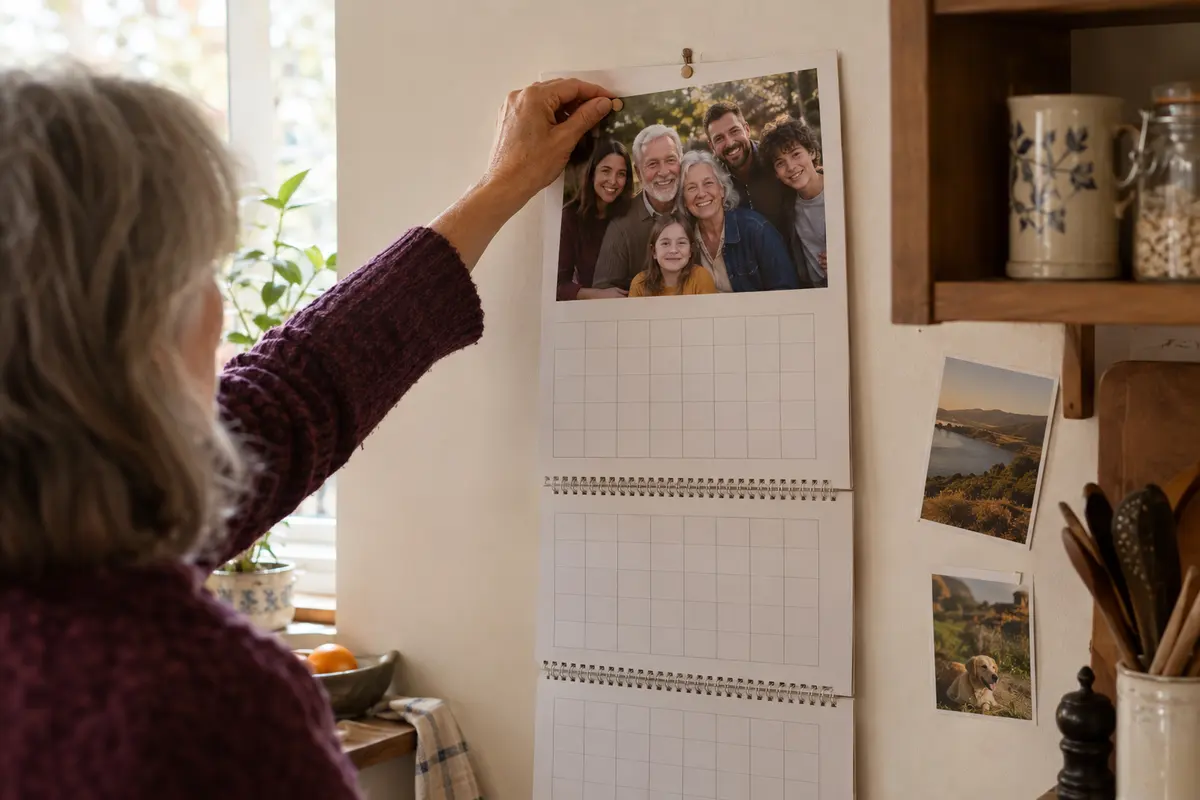 Ein Wandkalender mit Familienfoto und leerem Rasterblatt wird von einer Oma mit grauem Haar in der Küche an die Wand gehängt.