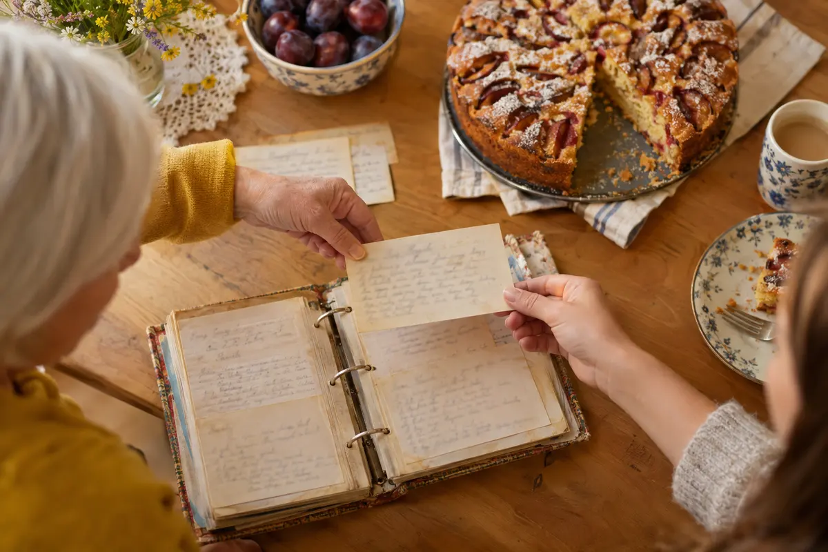 Ein Rezeptbuch mit handgeschriebenen Karten liegt neben einem Pflaumenkuchen auf dem Tisch, während zwei Hände eine Karte herausziehen.