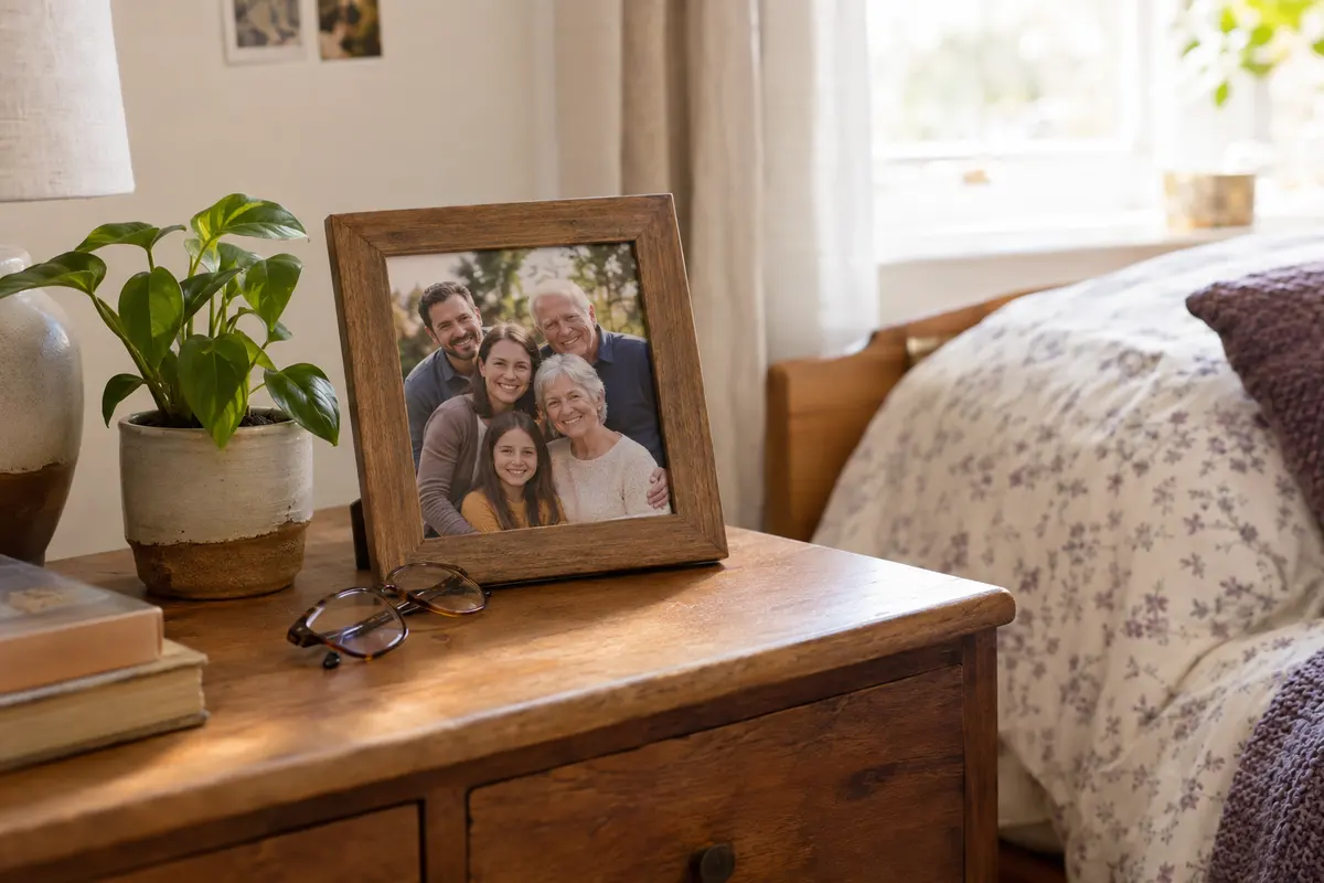 Ein gerahmtes Familienfoto mit Großmutter, Enkelin und Eltern steht auf einem Nachttisch neben einer Topfpflanze und einer Lesebrille.