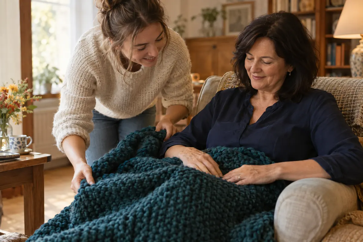 Eine dicke petrolfarbene Strickdecke legt eine Enkelin ihrer Oma mit dunklem Haar im Sessel über die Knie.