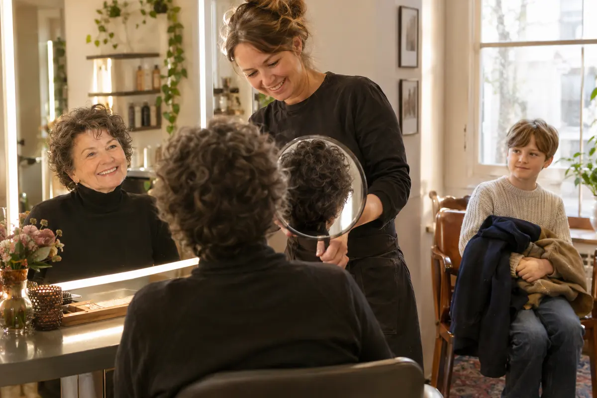 Beim Friseur zeigt die Stylistin einer Oma mit dunkelgrauen Locken den Hinterkopf im Handspiegel, ihr Enkel wartet mit den Mänteln.