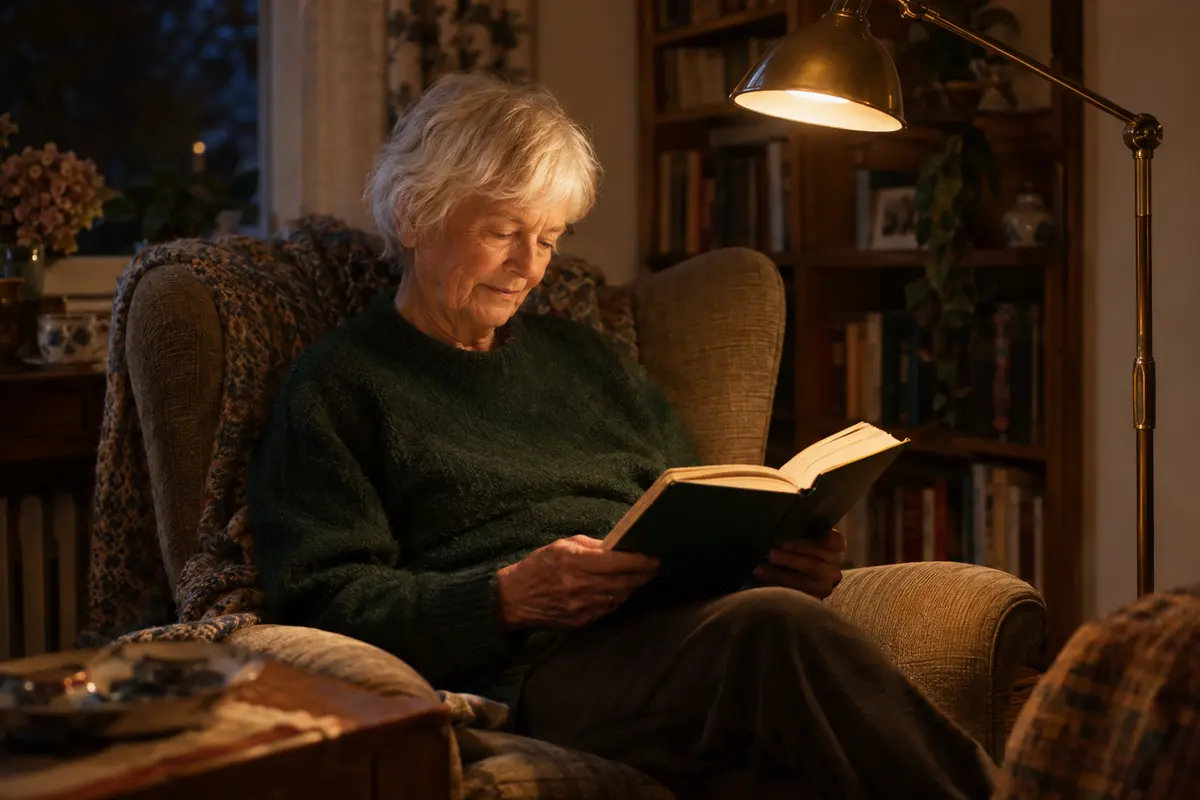 Unter einer hellen Stehlampe liest eine Oma mit kurzem weißgrauem Haar abends ein Buch in ihrem Sessel im Wohnzimmer.