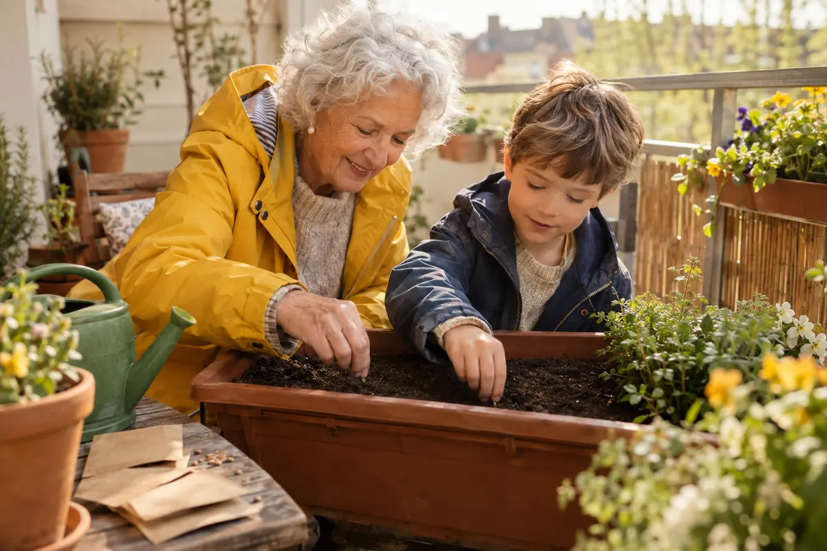 Beim gemeinsamen Pflanzen streuen eine Oma mit grauen Locken und ihr Enkel Saatgut aus Papiertüten in einen Blumenkasten.