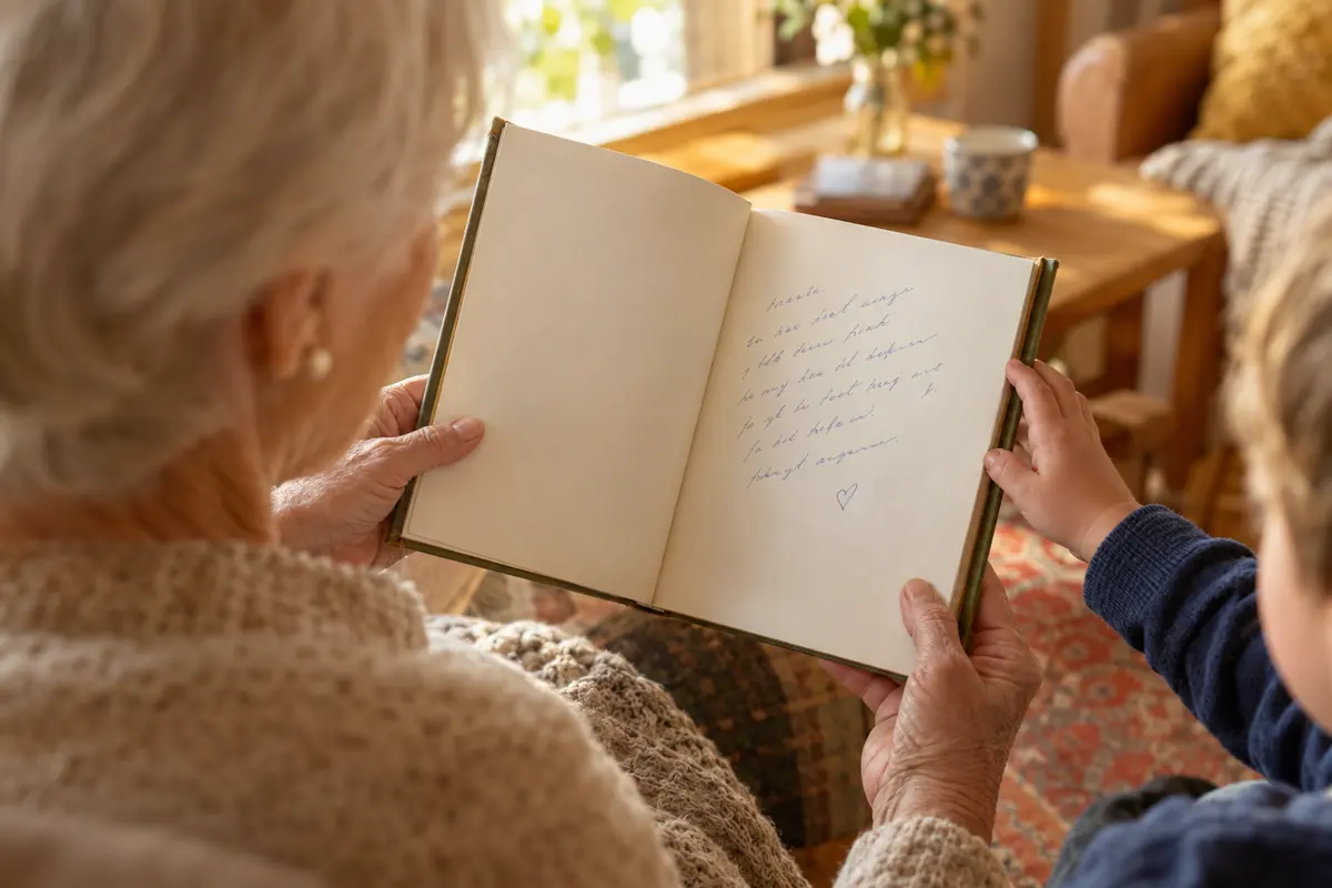 Ein Buch mit handgeschriebener Widmung und gemaltem Herz wird von einer Oma mit grauem Haar mit einem Kleinkind aufgeschlagen.