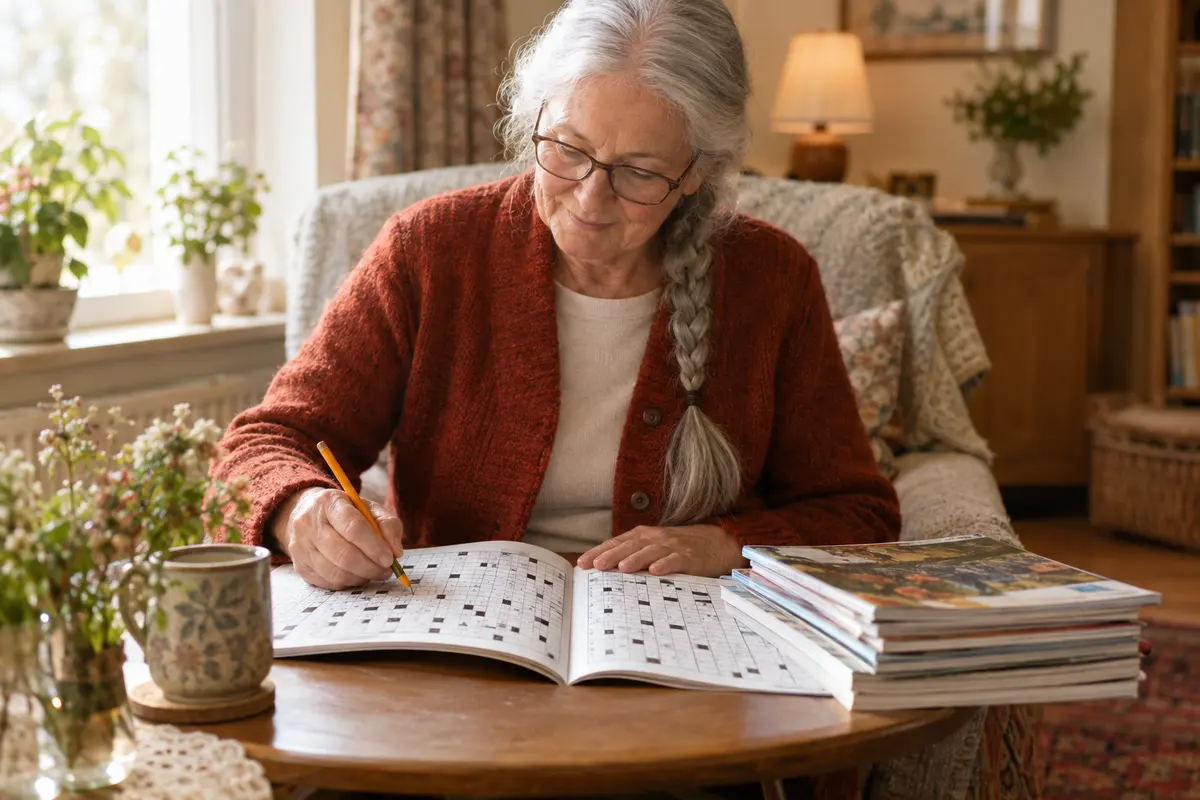 Ein Rätselheft füllt eine Oma mit grauem Zopf und Brille am Wohnzimmertisch aus, daneben liegt ein Stapel weiterer Rätselhefte.