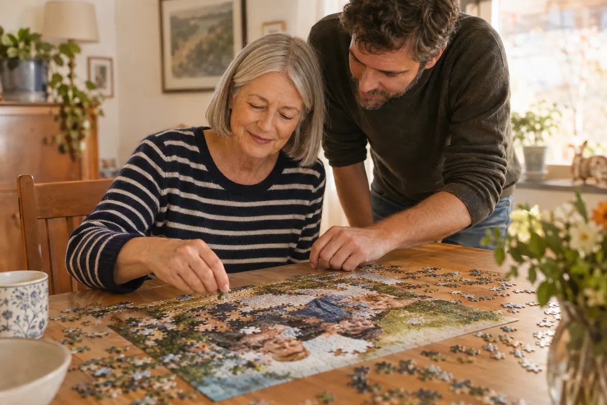 An einem Puzzle mit aufgedrucktem Familienfoto setzt eine Oma mit schulterlangem grauem Haar mit ihrem Sohn ein Teil ein.