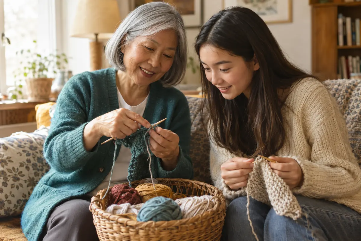 Aus einem Korb mit bunten Wollknäueln strickt eine Oma mit grauem Haar gemeinsam mit ihrer Enkelin auf dem Sofa.