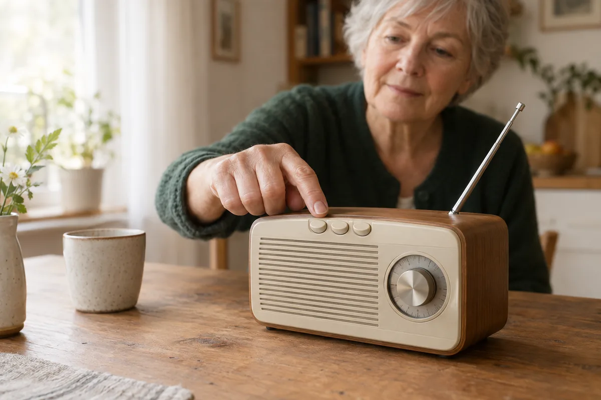 Ein Radio mit Holzgehäuse und cremefarbener Front steht auf dem Holztisch, während eine grauhaarige Frau eine Taste drückt.